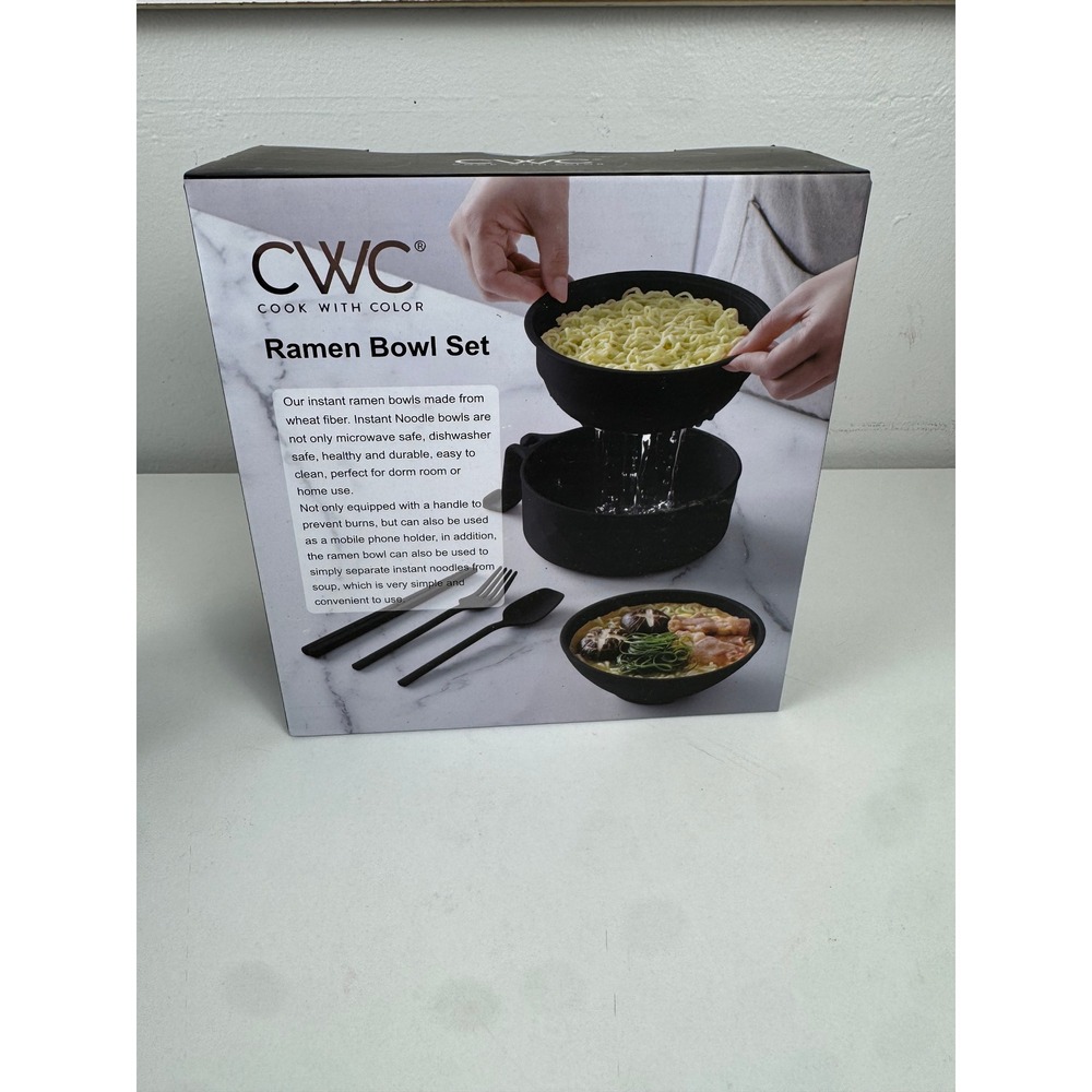Cook With Color Ramen Bowl Set Black Wheat Fiber Microwave Safe Phone Holder New